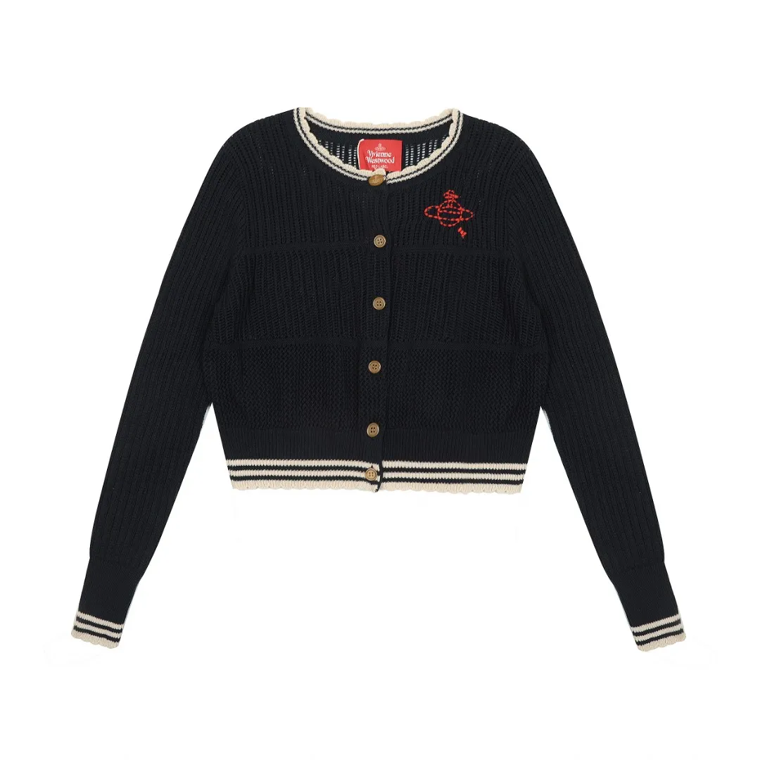 VIVI119# vivienne west wood West Queen Vivian Saturn New Retro "Unisex" Hollow Design Knitted Sweater Wool Round Neck 2024 Spring Latest Style Size: S -M- L Color: Apricot Royal Blue